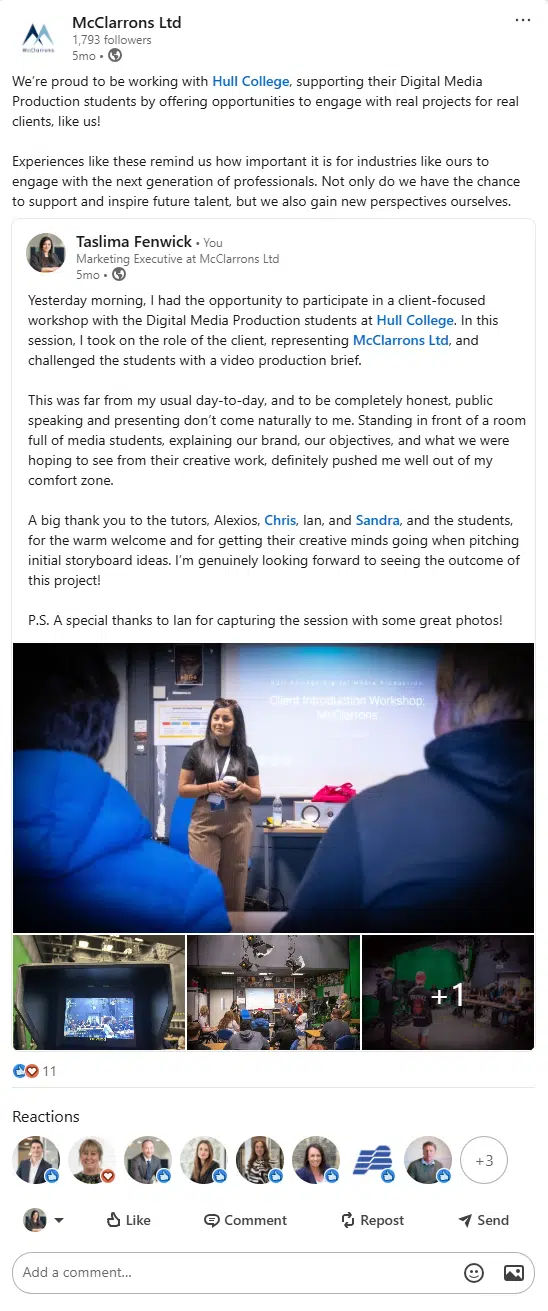 McClarrons collaborates with Hull College’s Digital Media Production students 1 screencapture linkedin feed update urn li activity 7341480460297871362 2025 12 16 16 21 51