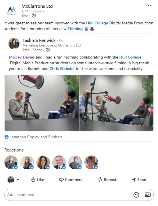 McClarrons collaborates with Hull College’s Digital Media Production students 2 screencapture linkedin feed update urn li activity 7394012944721666050 2025 12 16 16 22 02